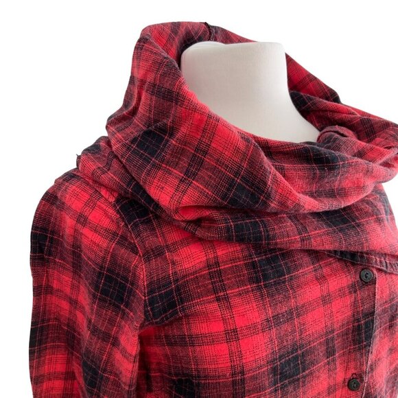 Plaid Hooded Button-Up flannel Shirt With Shawl Collar In Red & Black size Large - Picture 16 of 16